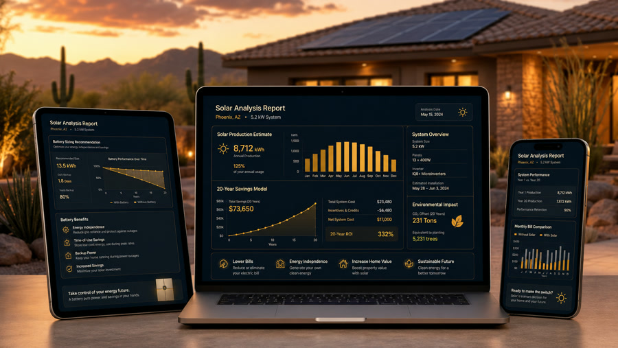 Illustration of the report across laptop, tablet, and phone
